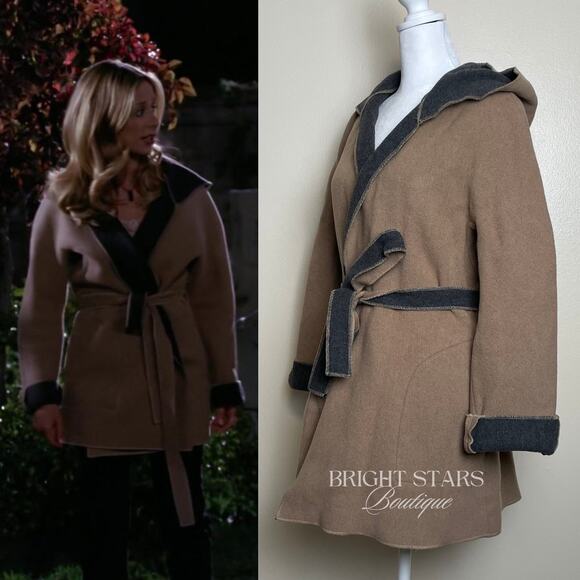 Rare Vintage Wool Coat Jacket ASO Buffy Summers BtVS Womens Tan Gray Belt - Picture 2 of 12